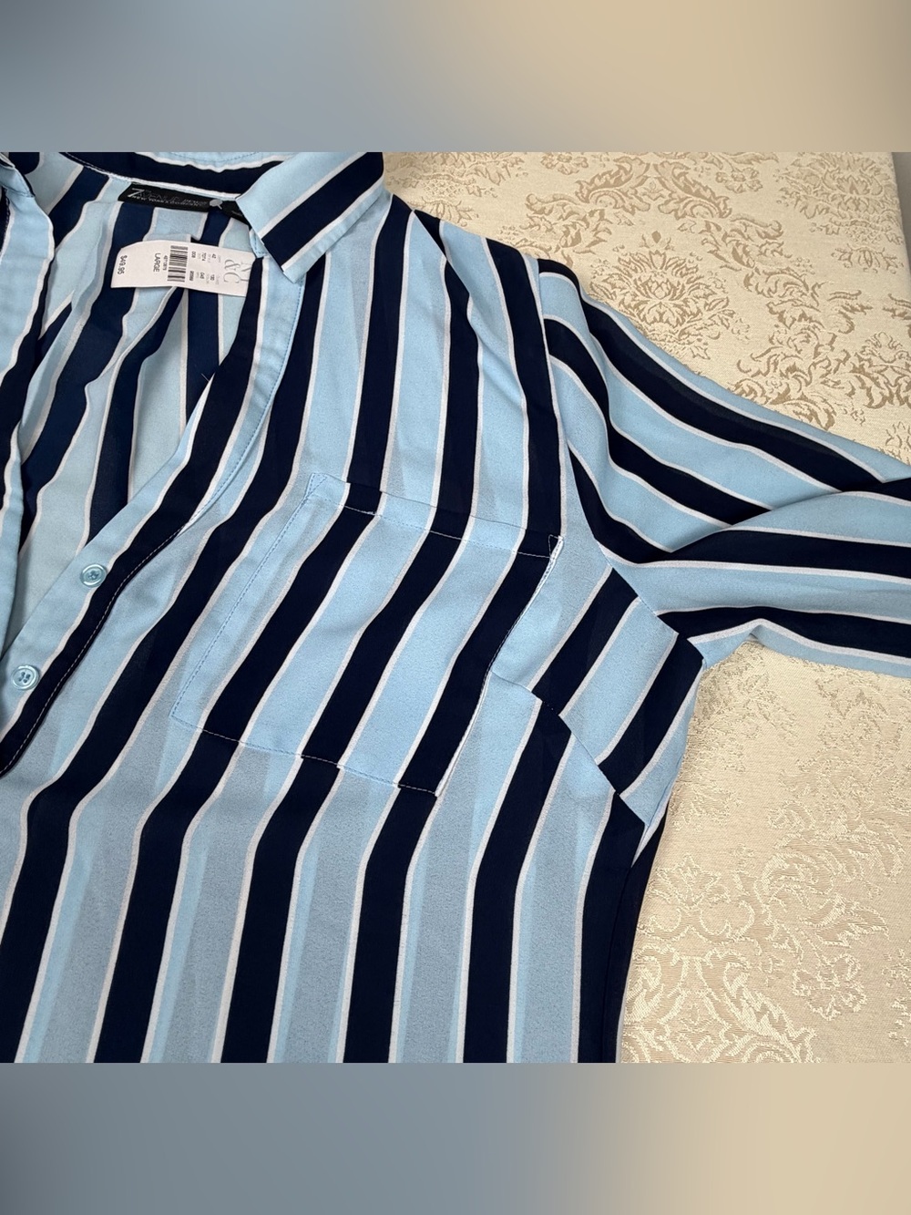 New York & Company Light Blue and Navy Striped Button-Down Shirt - Picture 5 of 7